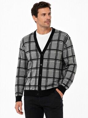 Gray Black Windowpane Plaid Button Front Cardigan V-Neck Long Sleeve Knit XL